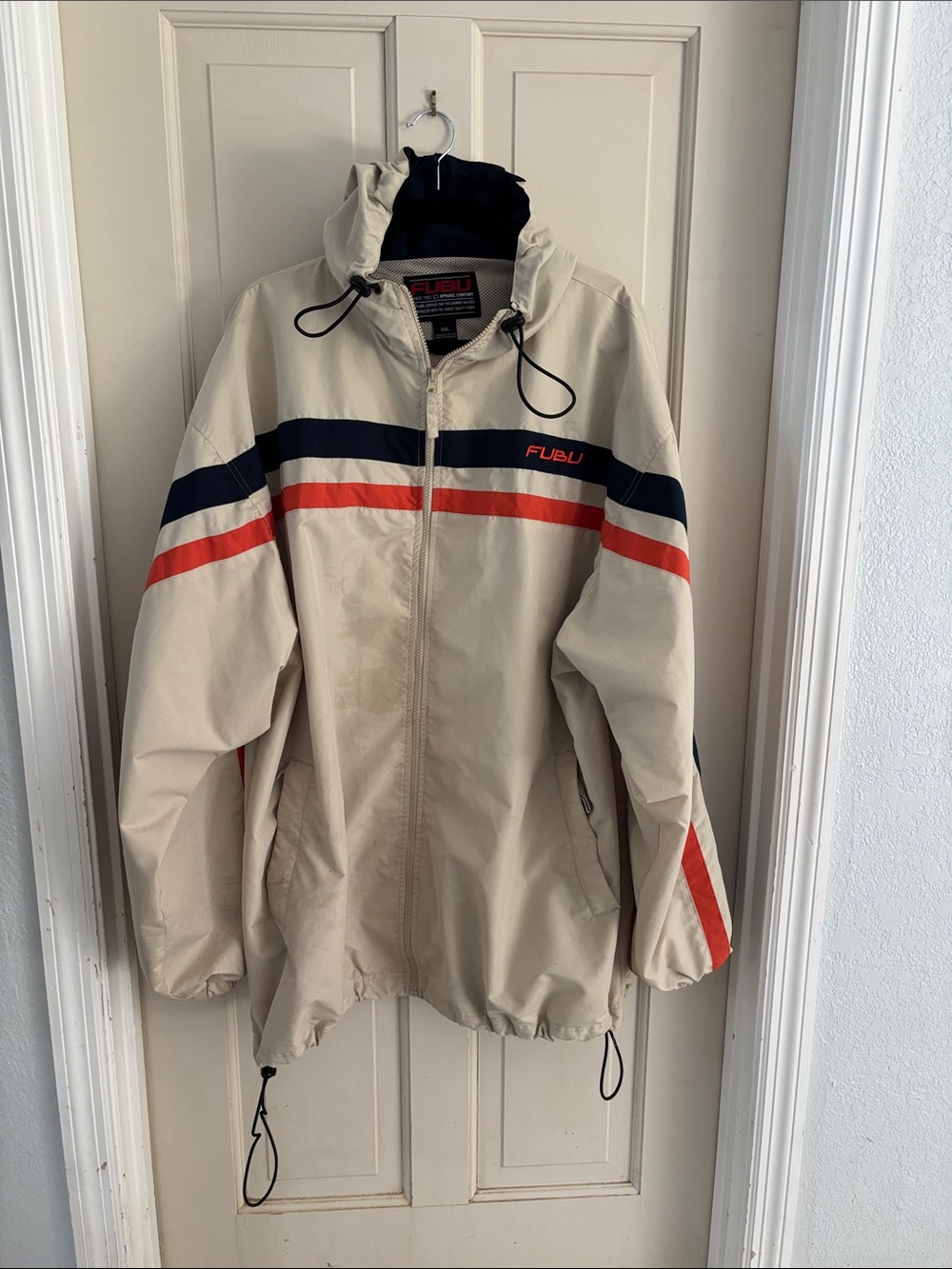 FUBU Beige Windbreaker with Navy & Red Stripe Accents